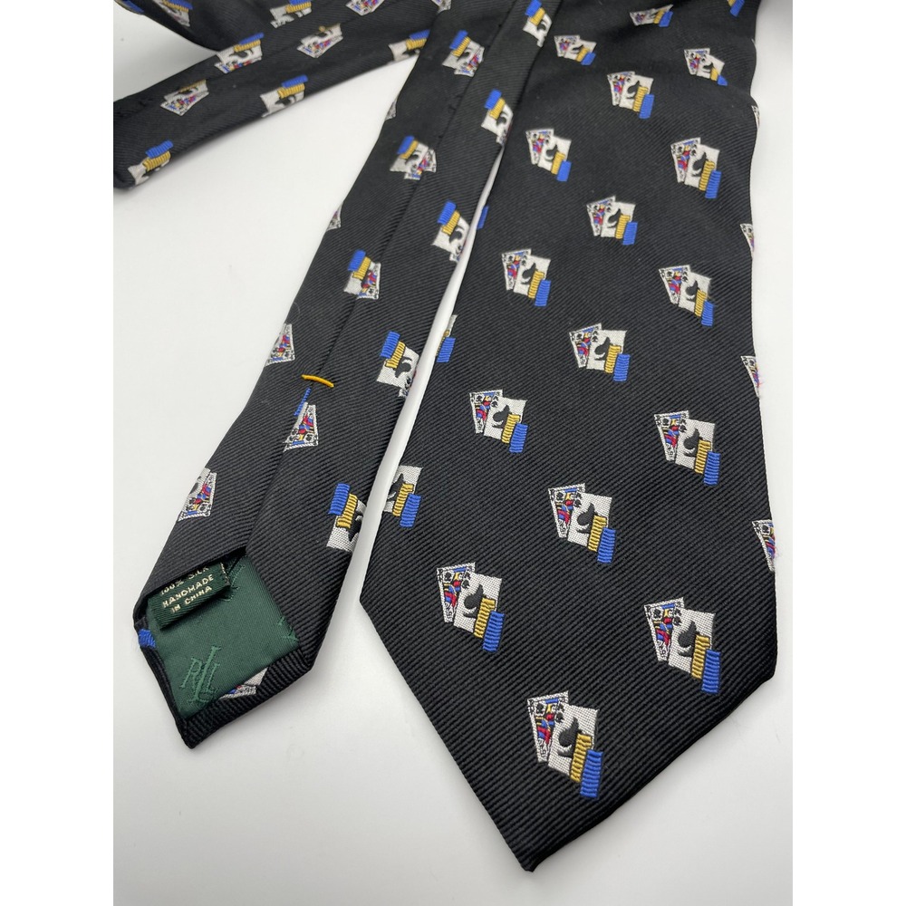 Lauren Ralph Lauren Mens Silk Tie Black Playing Cards Poker Chips Casino Novelty